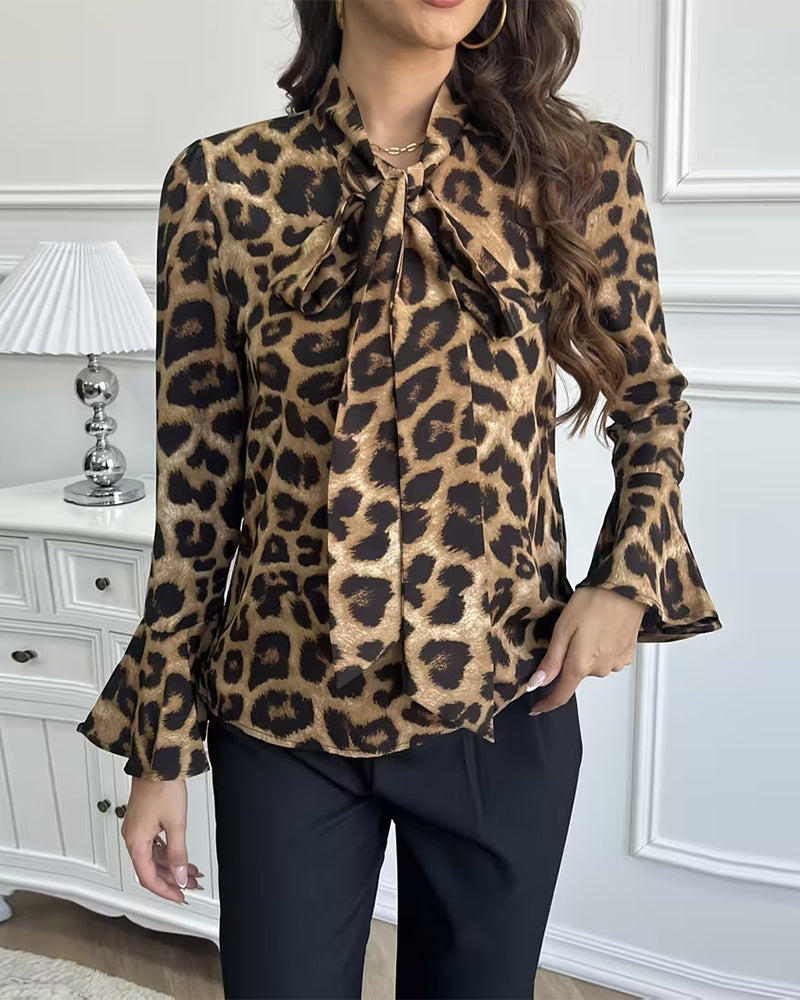 Leopard Print Ribbon Neck Blouse