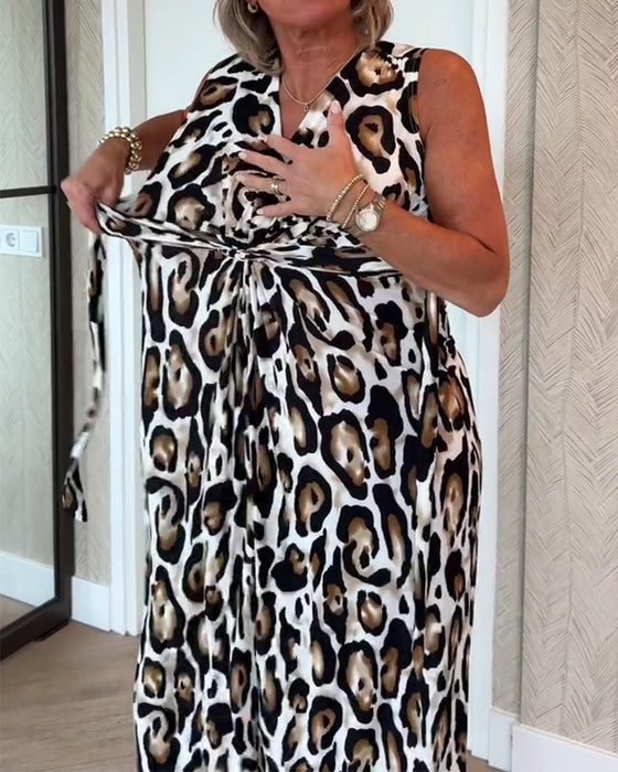Sleeveless V-Neck Leopard Dress