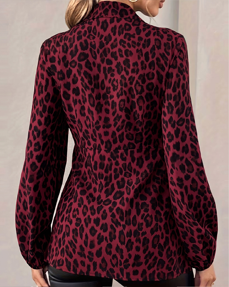 Leopard Print Lapel Bandage Waist Top