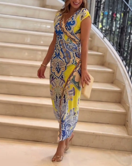 Vintage print v-neck elegant dress