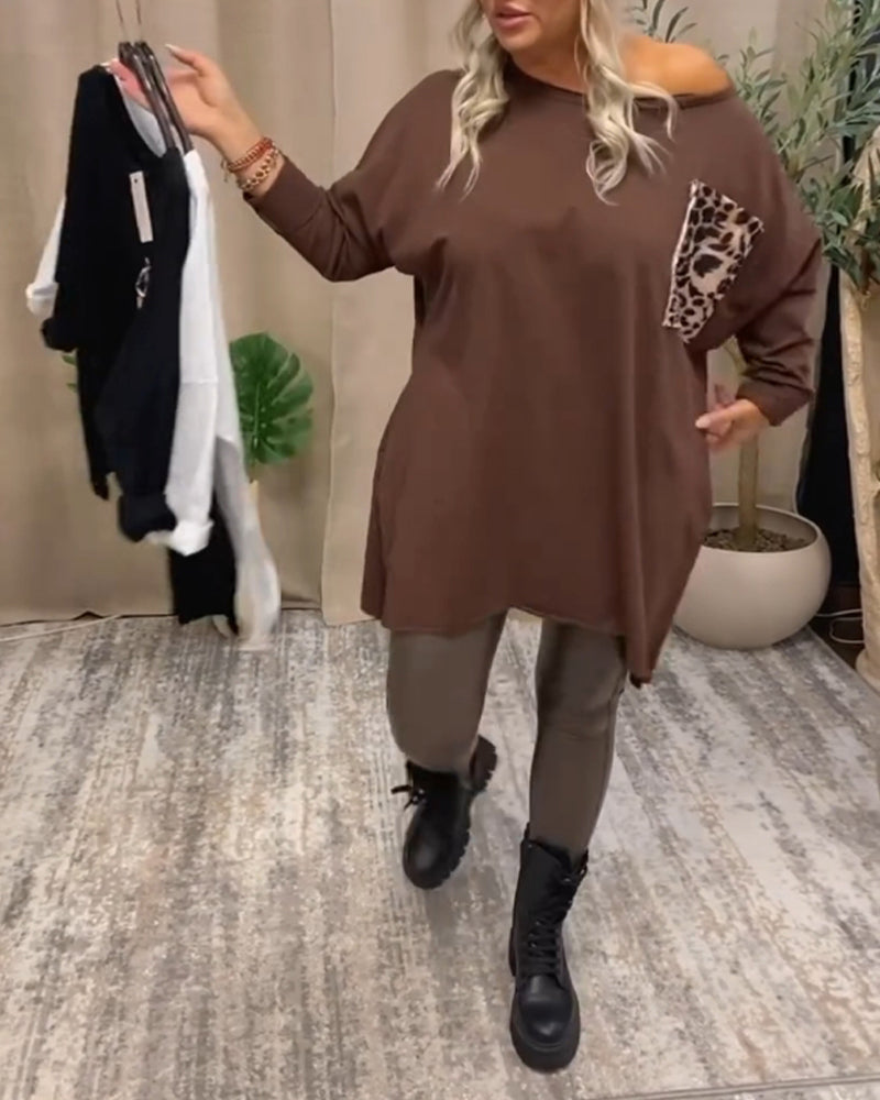 Casual crew neck leopard print pocket long sleeve top