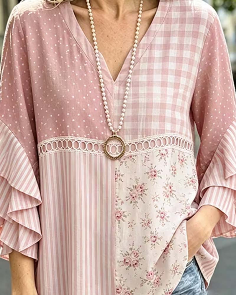 Double Layer Ruffle Sleeves Striped Polka Dot Print Blouse