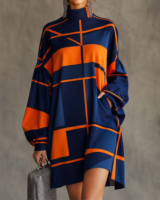 Contrast Color Turtleneck Lantern Sleeve Dress