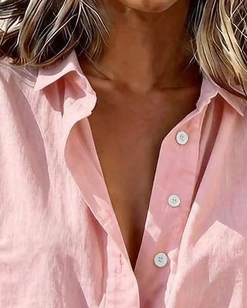 Unbuttoned Solid Color Cotton And Linen Blouse