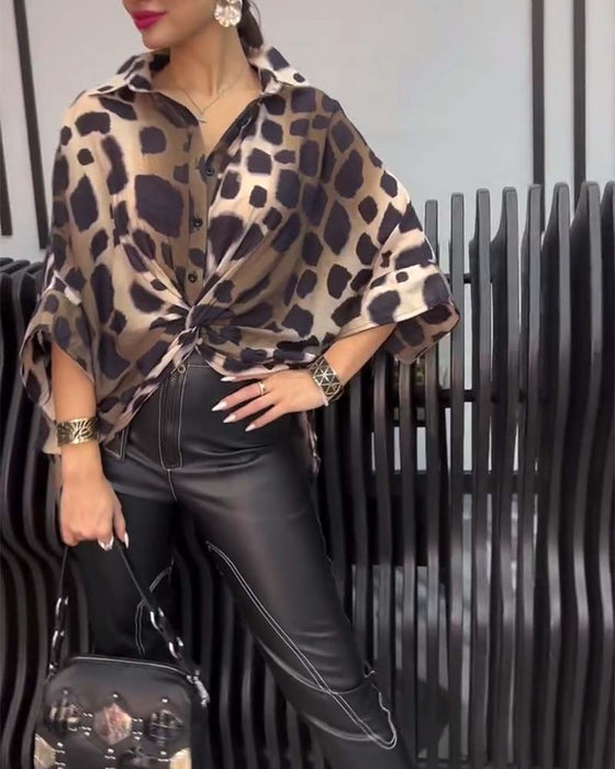 Lapel leopard print blouse