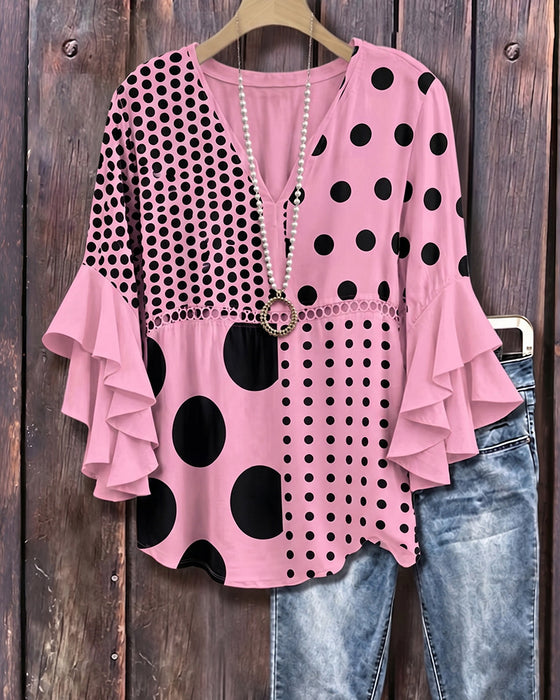 Mixed Polka Dot Patchwork Ruffle Blouse