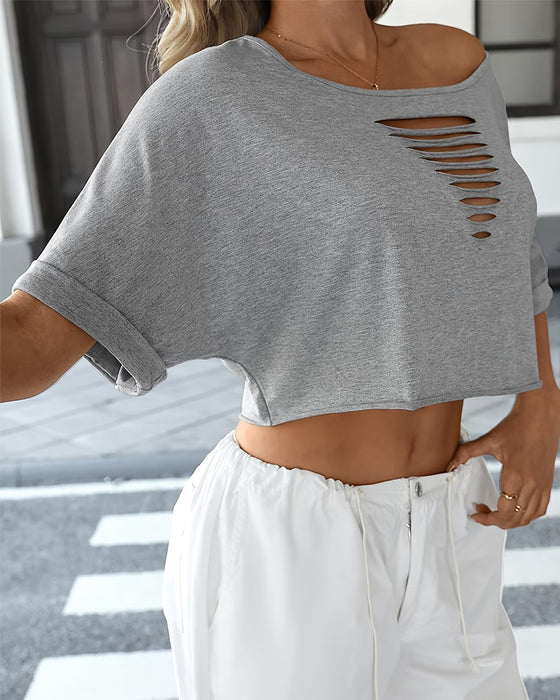 Off-Shoulder Asymmetric Ripped Rolled-Hem T-Shirts