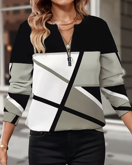 Zippered Geometric Pattern T-Shirt