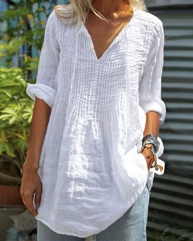 V-Neck Drawstring Solid Blouse