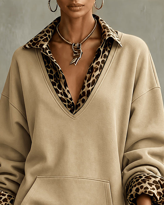 Collar V-neck Leopard Print Sweatshirt Dress