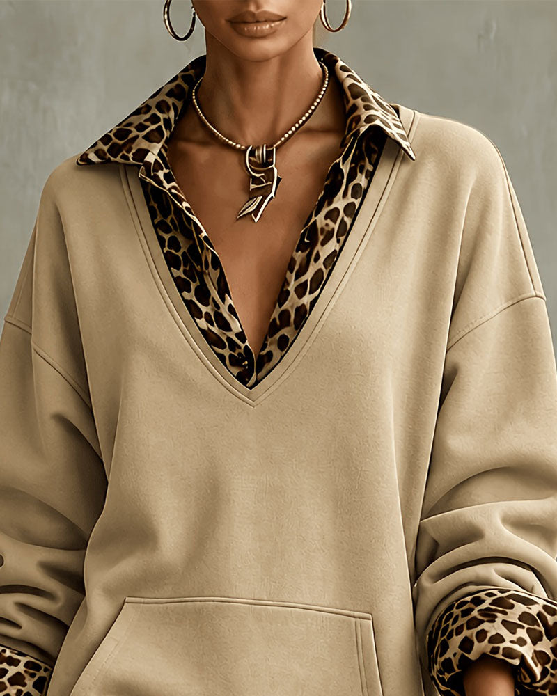 Collar V-neck Leopard Print Sweatshirt Dress