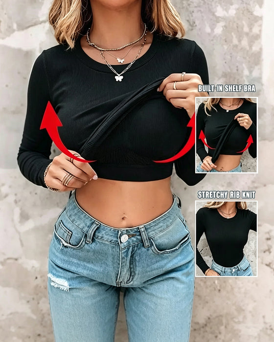 Crew Neck Solid Built In Bra Top