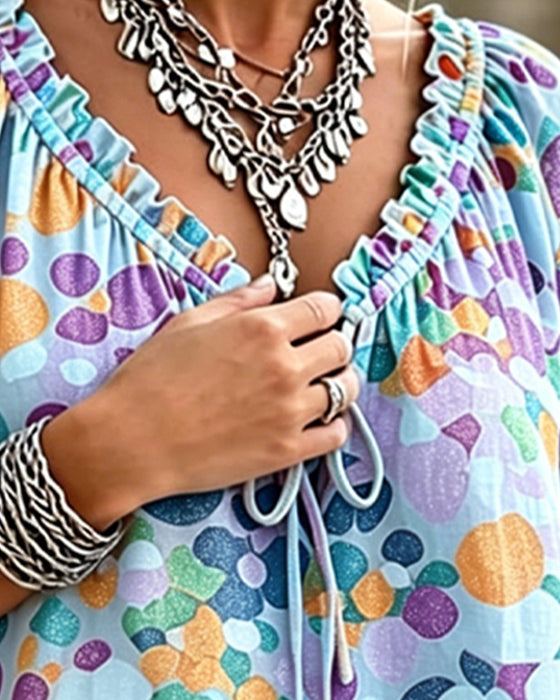 V-Neck Polka Dot Lace Up Blouse