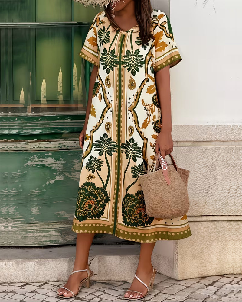 Tropical Floral Print Loose Fit A-Line Dress