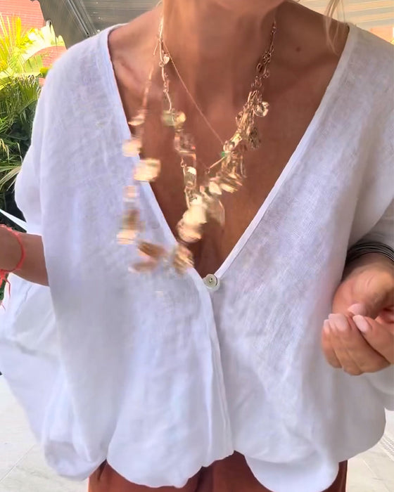 V-Neck Asymmetric Solid Relaxed Blouse