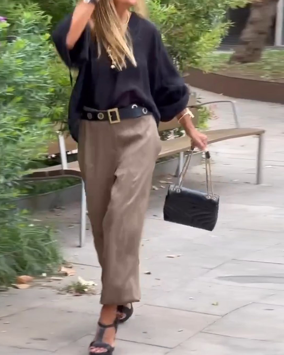 Loose solid color V-neck casual shirt