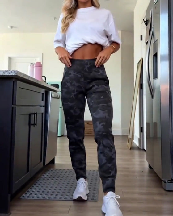 High Waist Pocket Solid Color Long Pants