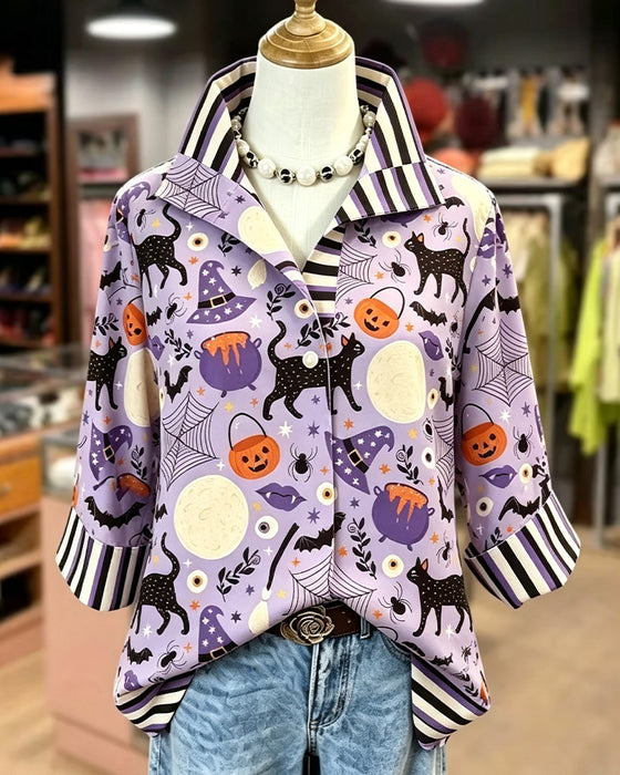Lapel Button Stripe Halloween Blouse