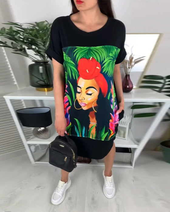 Portrait Printed Round Neck Dress