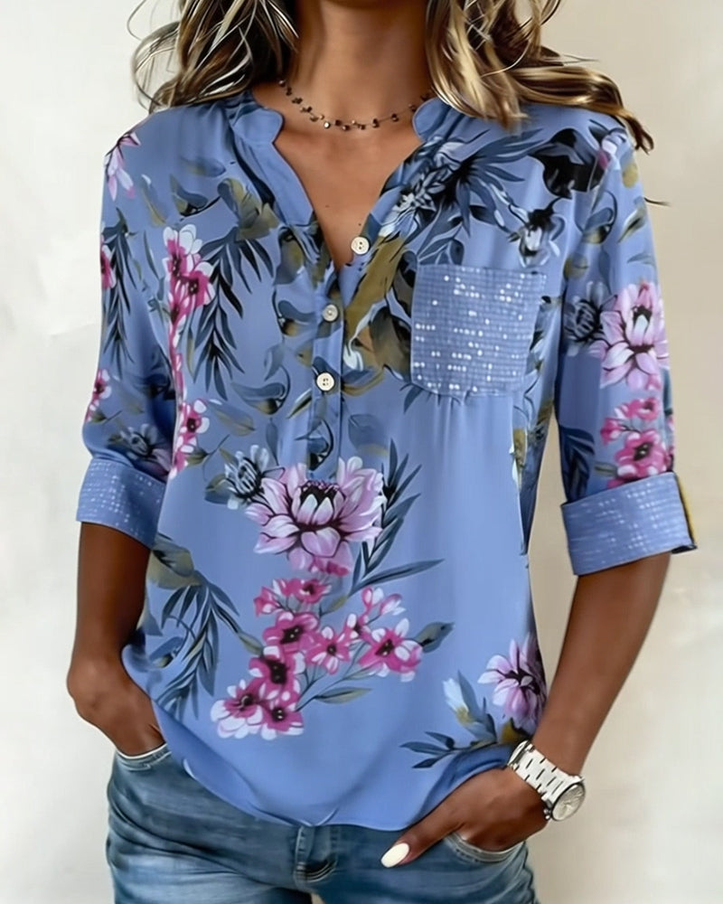 V-Neck Sequined Floral Blouse