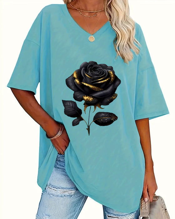 Rose Print Loose Fit Half Sleeve T-Shirt