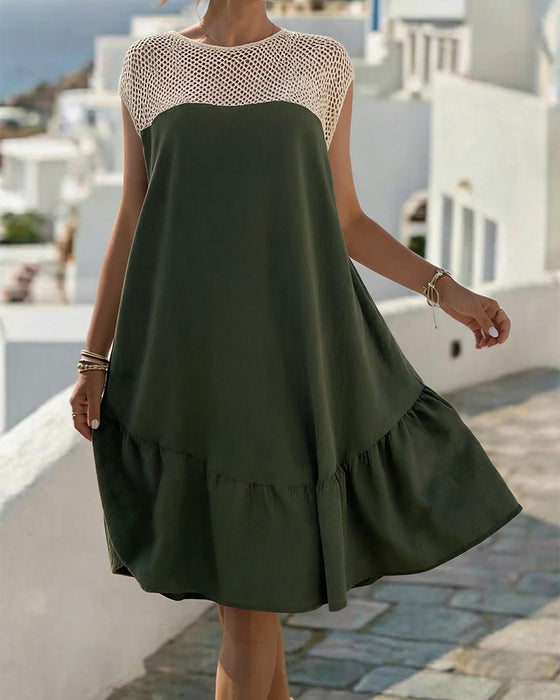 Crew Neck Mesh Ruffled Patchwork Dress