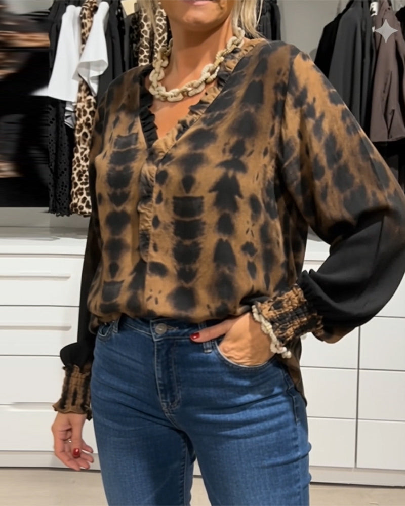Ruffled V-Neck Tie-Dye Print Blouse