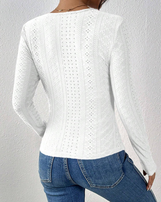 V-Neck Lace Panel Long-Sleeved Top