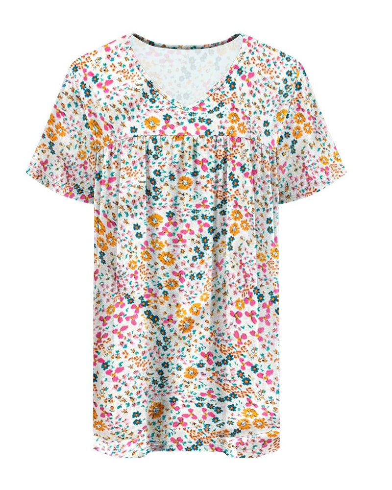 Floral V-Neck Short-Sleeved Blouse