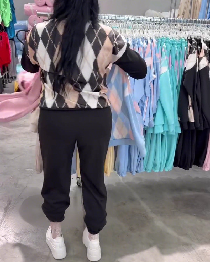 Diamond-Patterned Top And Trousers Two-Piece Set