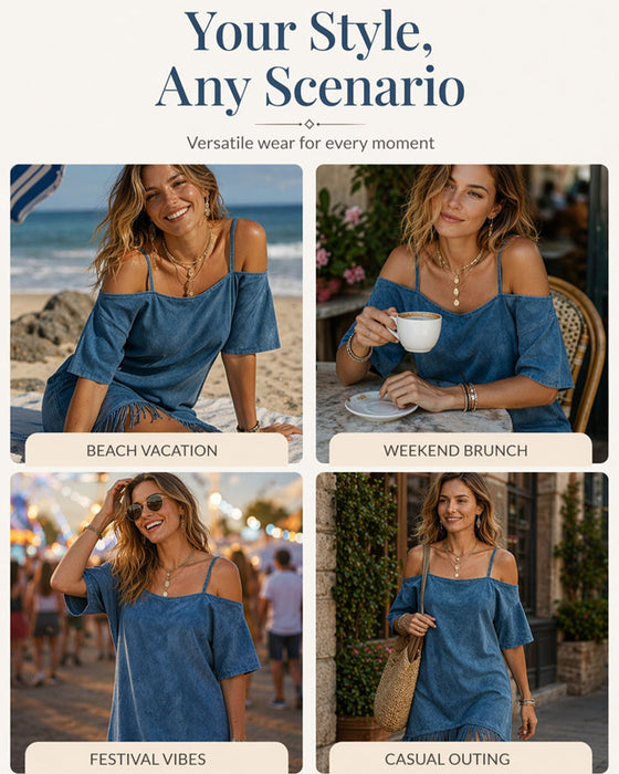 Spaghetti Strap Fringe Solid Off-Shoulder Dress