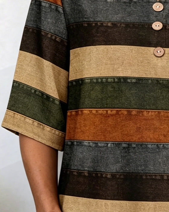 Button Patchwork Horizontal Stripe T-Shirt