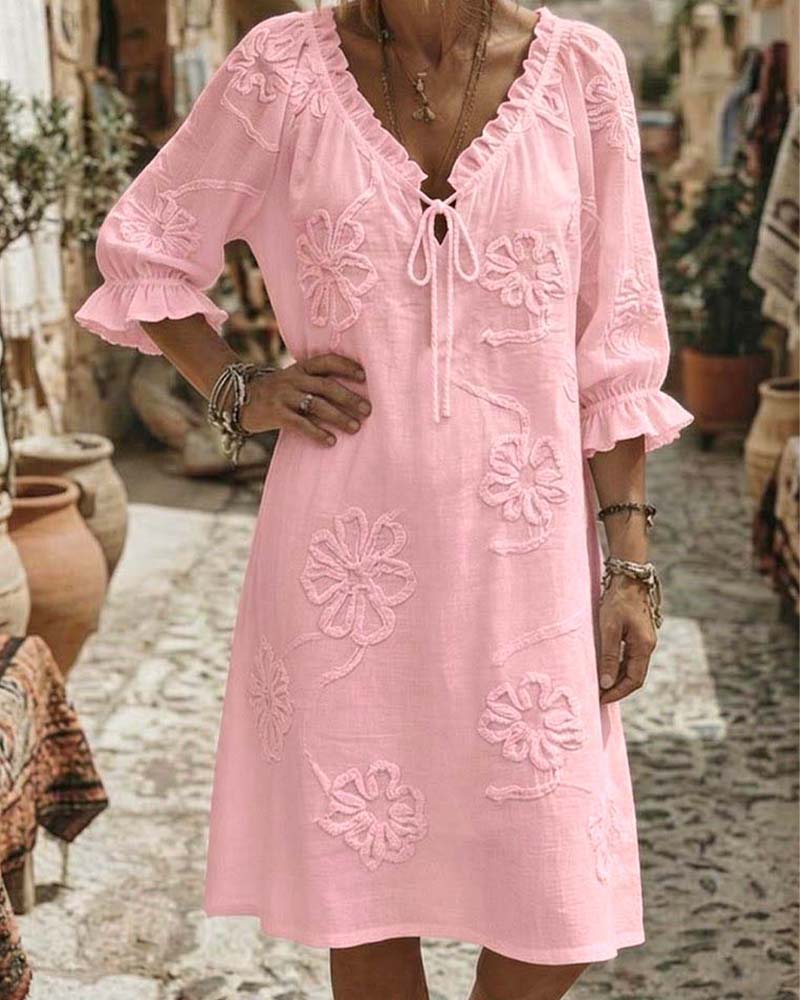 V-Neck Ruffle Tie 3D Floral Dresses
