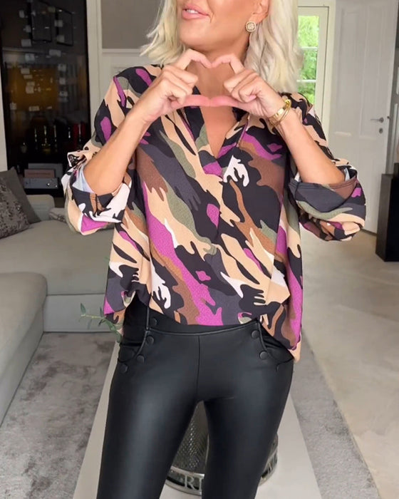 V-neck tie-dye patterned blouse