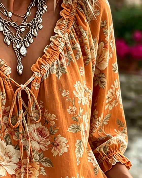 Floral V-Neck Tie Puff Sleeve Blouse