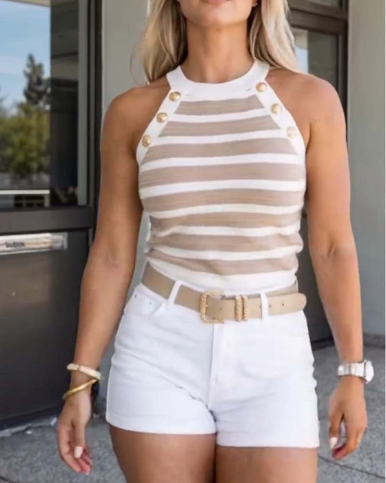 Striped Color-Block Knit Halter Tank Top