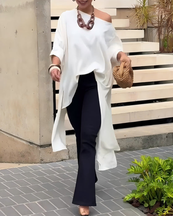Asymmetric Neck Irregular Slit Elbow-Length Sleeve Blouse