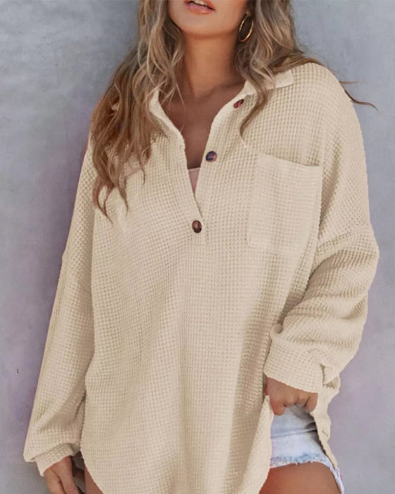 Solid Button-Down Loose Lapel Blouse