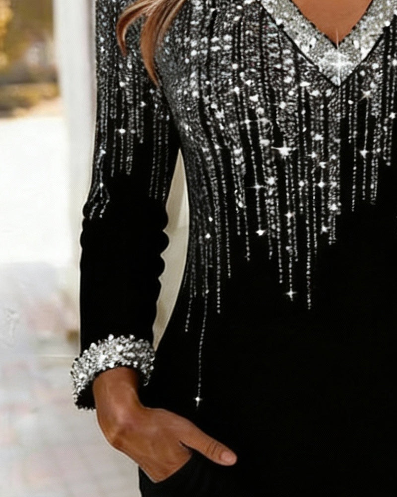 Shimmering V-Neck Long-Sleeved Dress