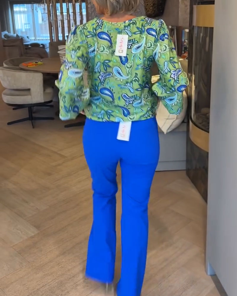 Water Drop Print Long-Sleeved V-Neck Top