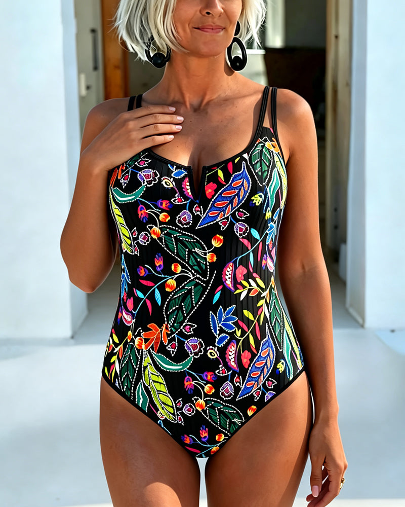 Floral High Waist Double Thin Strap One Piece