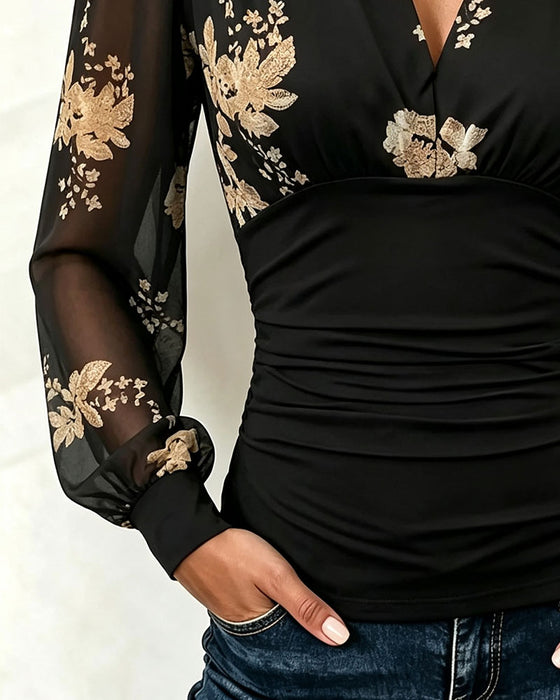 V-Neck Mesh Patchwork Printed Top