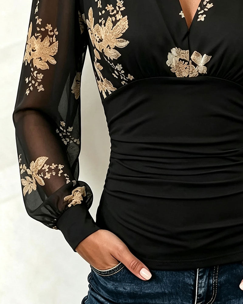 V-Neck Mesh Patchwork Printed Top