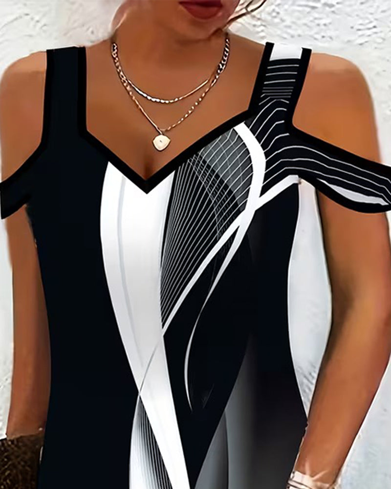 V-Neck Cold-Shoulder Striped Slit Dress
