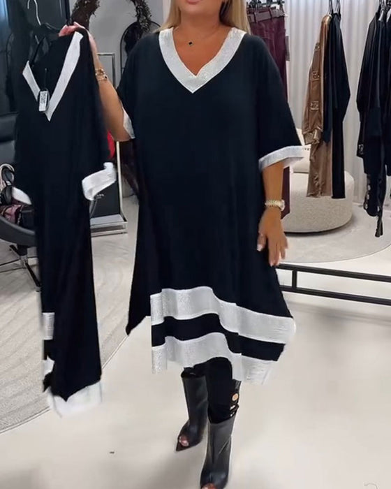 V-Neck Short Sleeve Color Block Loose Fit Dress