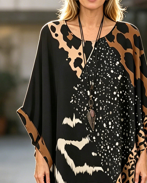 Round Neck Leopard Print Sequin Patchwork Blouse