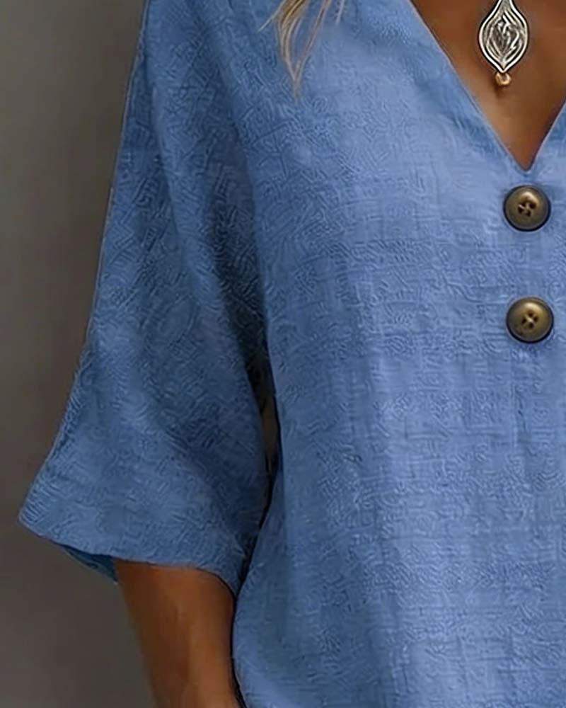 Double-Button Decorative V-Neck Blouse