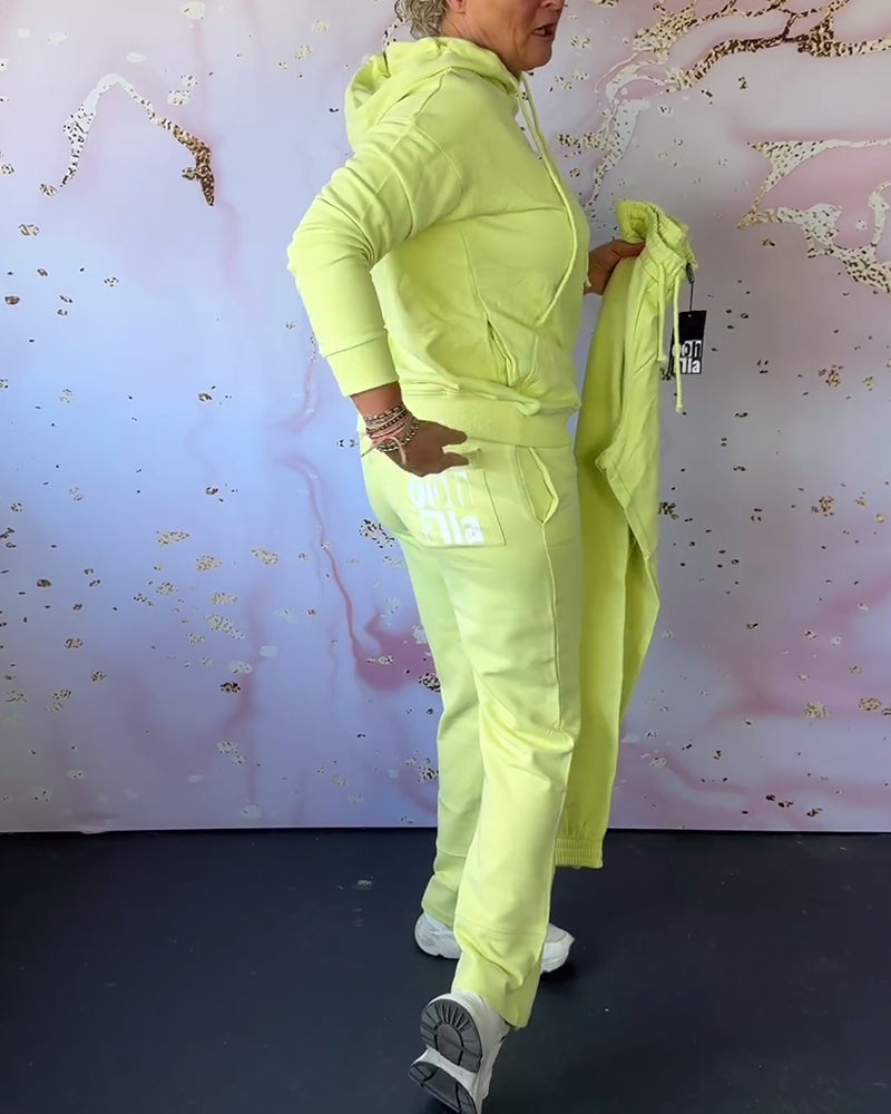 Solid color hooded sweatshirt pants two piece set