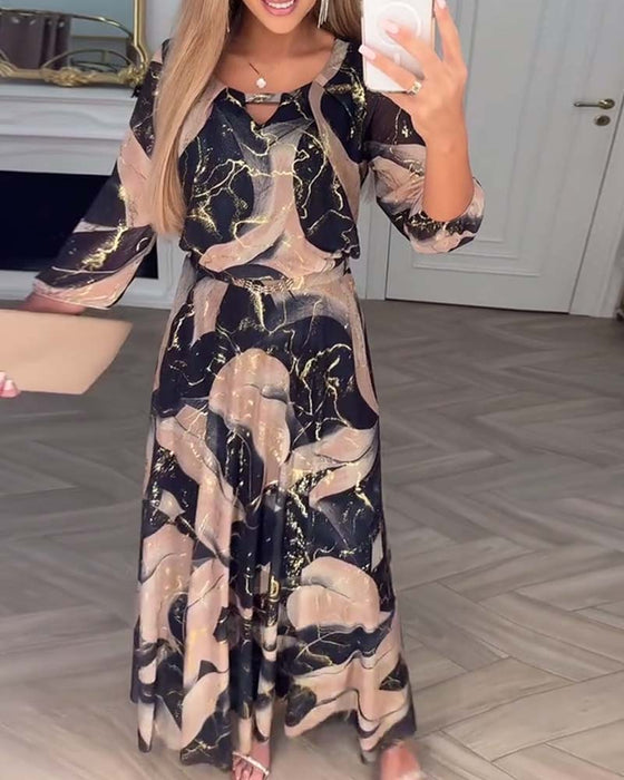 Elegant Three-Quarter Sleeve Printed Waist Dress