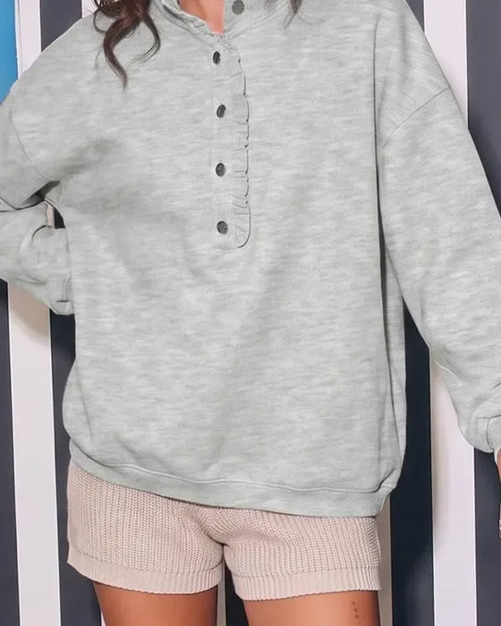 Ruffled Buttoned Long-Sleeved Loose Sweatshirt
